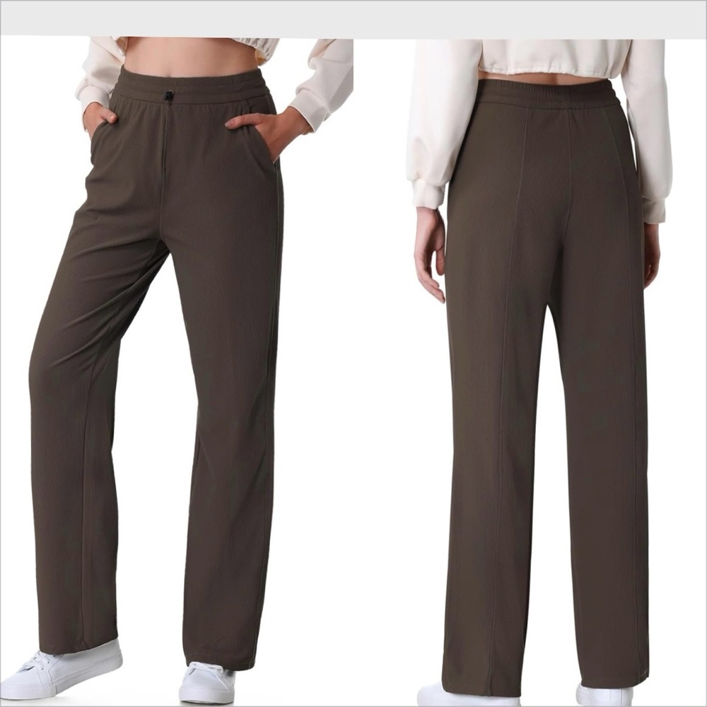 Straight Leg Pants Ribbed Pants Work Casual Trousers with Pockets SZ M brown